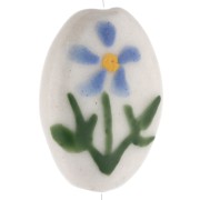 Ceramic oval bead 19x14.5 mm - flower motif - White - Blue - Green x1