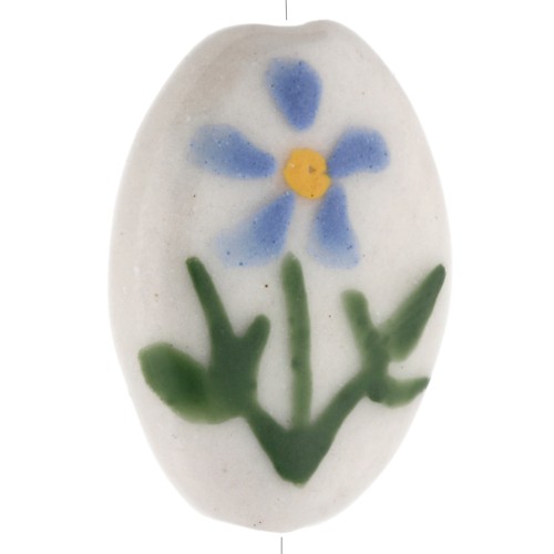 Ceramic oval bead 19x14.5 mm - flower motif - White - Blue - Green x1