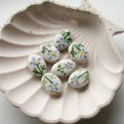 Ceramic oval bead 19x14.5 mm - flower motif - White - Blue - Green x1