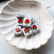 16 mm square ceramic bead - strawberry pattern - White - Red x1