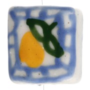 16 mm square ceramic bead - Lemon motif - Blue - Yellow x1
