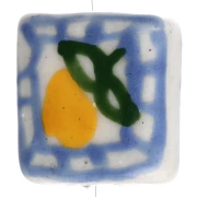 16 mm square ceramic bead - Lemon motif - Blue - Yellow x1