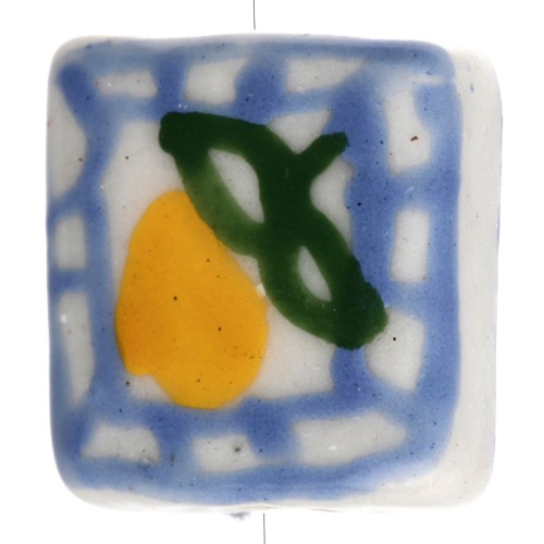 16 mm square ceramic bead - Lemon motif - Blue - Yellow x1