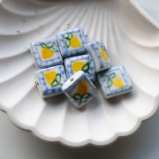 16 mm square ceramic bead - Lemon motif - Blue - Yellow x1