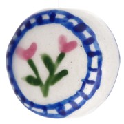 19 mm round flattened ceramic bead - flowers - White - Blue x1