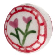 19 mm round flattened ceramic bead - flowers - White - Pink x1