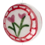 19 mm round flattened ceramic bead - flowers - White - Pink x1