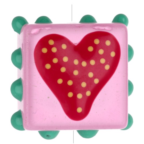 17 mm square glass bead with small balls - heart motif - Pink - Red x1