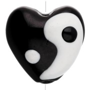 Heart - 13.5x14 mm glass heart bead - Yin and Yang motif - Black - White x1 13.5x14 mm glass heart bead - Yin and Yang motif - Black - White x1