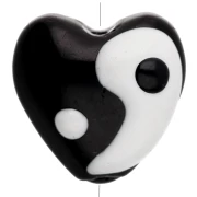 13.5x14 mm glass heart bead - Yin and Yang motif - Black - White x1