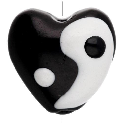13.5x14 mm glass heart bead - Yin and Yang motif - Black - White x1