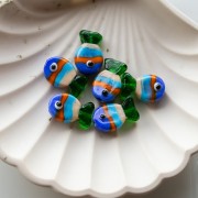 Glass fish bead 19x13 mm - Striped - Blue - Orange - Green x1