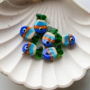 Glass fish bead 19x13 mm - Striped - Blue - Orange - Green x1