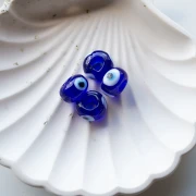 Round beads 14x9.5 mm glass - Eye - Dark blue - White x4