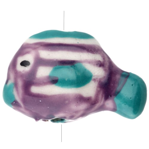 23x16 mm ceramic fish bead - striped pattern - Violet - Turquoise x1