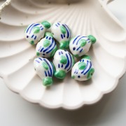 23x16 mm ceramic fish bead - striped pattern - Green - Blue - White x1