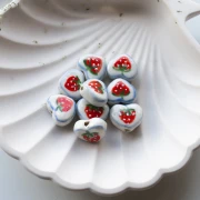Ceramic heart bead 12x14 mm - strawberry pattern - White - Red x1