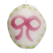 Ceramic oval bead 15x12.5 mm - Bow motif - White - Pink - Green x1