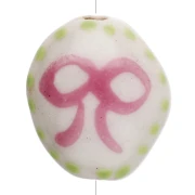 Ceramic oval bead 15x12.5 mm - Bow motif - White - Pink - Green x1