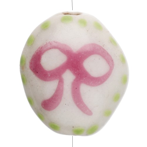 Ceramic oval bead 15x12.5 mm - Bow motif - White - Pink - Green x1