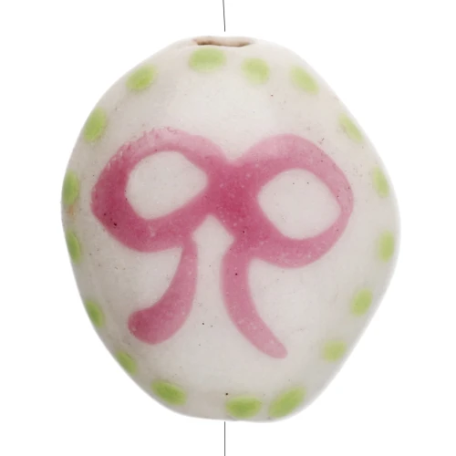Ceramic oval bead 15x12.5 mm - Bow motif - White - Pink - Green x1