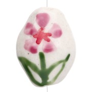 Ceramic oval bead 15.5x12.5 mm - Flower motif - White - Pink - Green x1