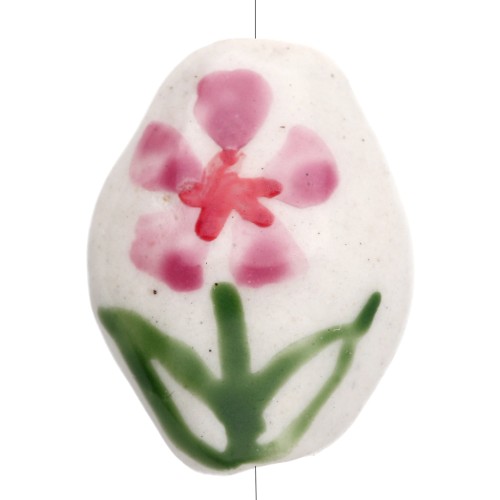 Ceramic oval bead 15.5x12.5 mm - Flower motif - White - Pink - Green x1