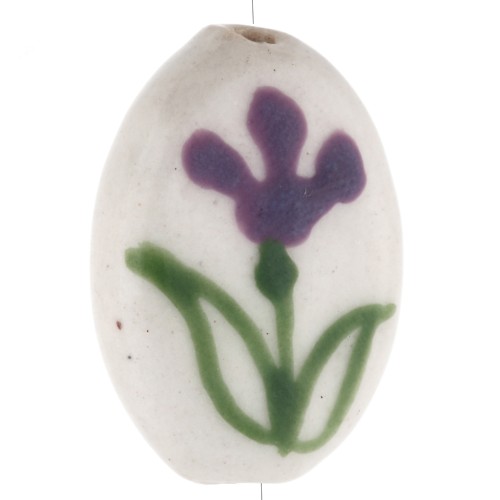 Ceramic oval bead 19x14.5 mm - flower motif - White - Violet - Green x1