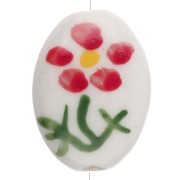 Ceramic oval bead 19.5x14.5 mm - Flower motif - White - Red - Green x1