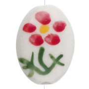 Ceramic oval bead 19.5x14.5 mm - Flower motif - White - Red - Green x1
