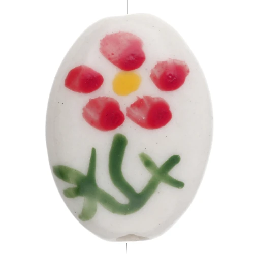 Ceramic oval bead 19.5x14.5 mm - Flower motif - White - Red - Green x1