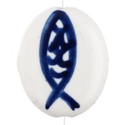 Ceramic oval bead 20x17 mm - Fish motif - White - Dark blue x1|raw }}