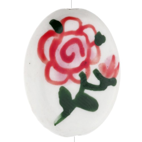 Ceramic oval bead 19x16 mm - flower motif - White - Pink - Green x1