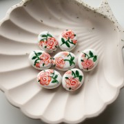 Ceramic oval bead 19x16 mm - flower motif - White - Pink - Green x1