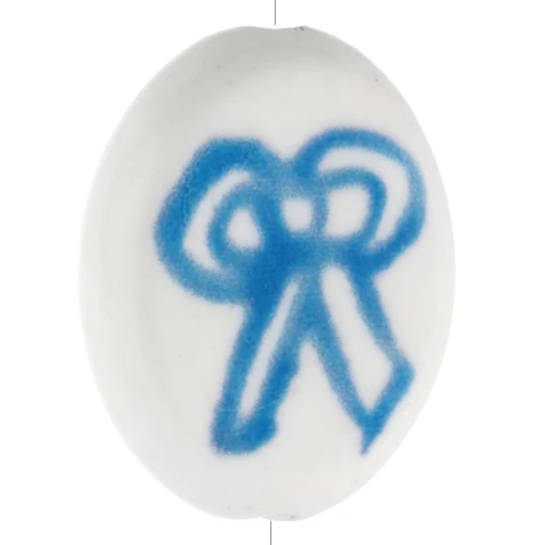 Ceramic oval bead 19x16 mm - bow motif - White - Blue x1