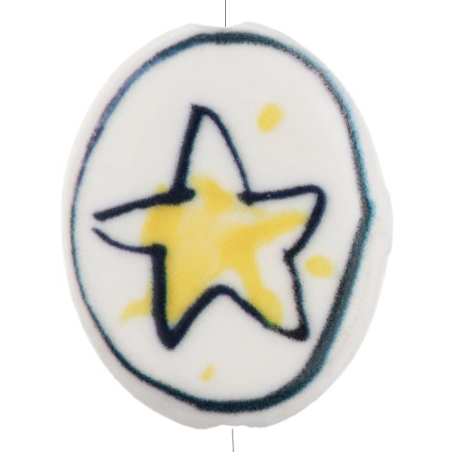 Ceramic oval bead 19.5x16 mm - Star motif - White - Yellow x1