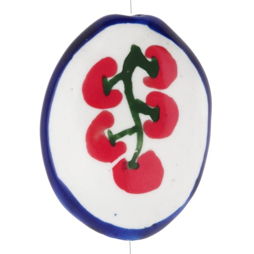 Ceramic oval bead 22x16.5 mm - Tomato pattern - White - Red - Blue x1
