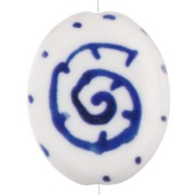 Ceramic oval bead 18.5x15 mm - Shell motif - White - Dark blue x1
