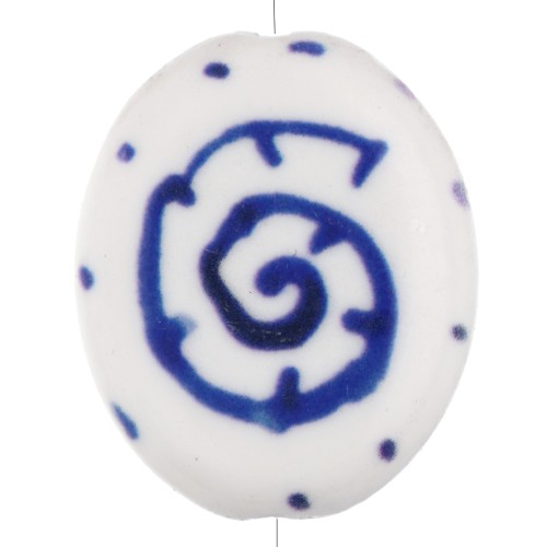 Ceramic oval bead 18.5x15 mm - Shell motif - White - Dark blue x1