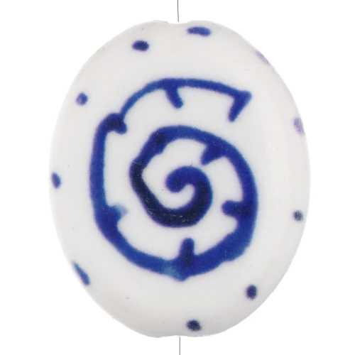 Ceramic oval bead 18.5x15 mm - Shell motif - White - Dark blue x1