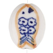 21x16 mm oval ceramic bead - fish motif - White - Ochre - Blue x1|raw }}