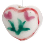 Ceramic heart bead 12x14 mm - Flower design - White - Pink x1