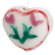 Ceramic heart bead 12x14 mm - Flower design - White - Pink x1