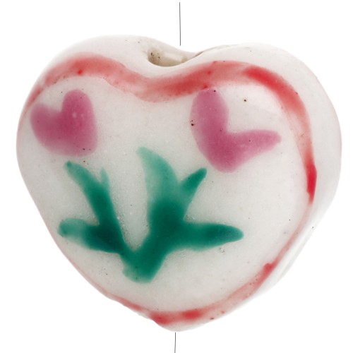 Ceramic heart bead 12x14 mm - Flower design - White - Pink x1