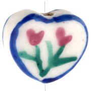 Ceramic heart bead 12x14 mm - flower motif - White - Blue - Pink x1