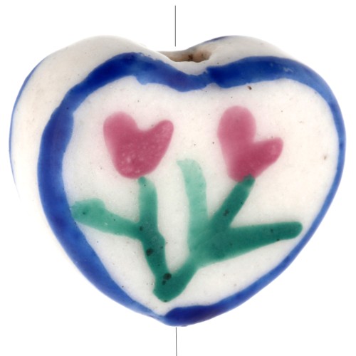 Ceramic heart bead 12x14 mm - flower motif - White - Blue - Pink x1