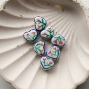 Ceramic heart bead 12x14 mm - flower motif - White - Blue - Pink x1