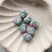 Ceramic heart bead 12x14 mm - flower motif - White - Blue - Pink x1