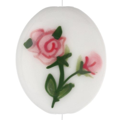 Ceramic oval bead 21x18 mm - Rose pattern - White - Pink - Green x1