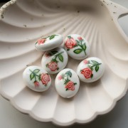 Ceramic oval bead 21x18 mm - Rose pattern - White - Pink - Green x1